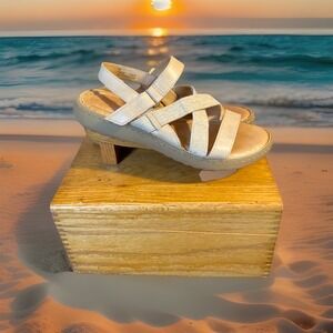 Born Mini Wedge Strappy Gummy Soles Womens 7m Canvas Leather Boho Preppy